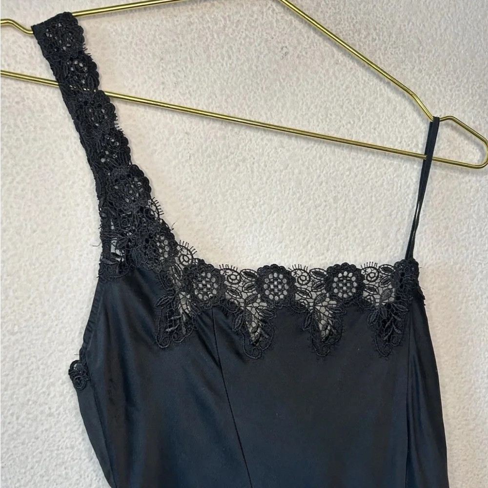 Vintage Y2K Black Silk Slip Dress Lace One Shoulder Maxi Goth S/M - Picture 8 of 13